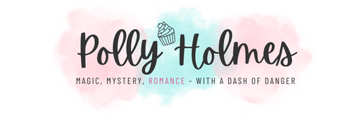 Logo for Polly Holmes with text 'Magic, Mystery, Romance - With a Dash of Danger' on a pastel watercolor background.